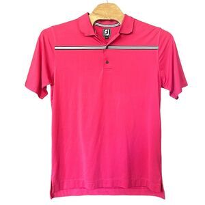 FJ FootJoy Athletic Fit Pink Stripe Performance Polyester Golf Polo Shirt Mens L
